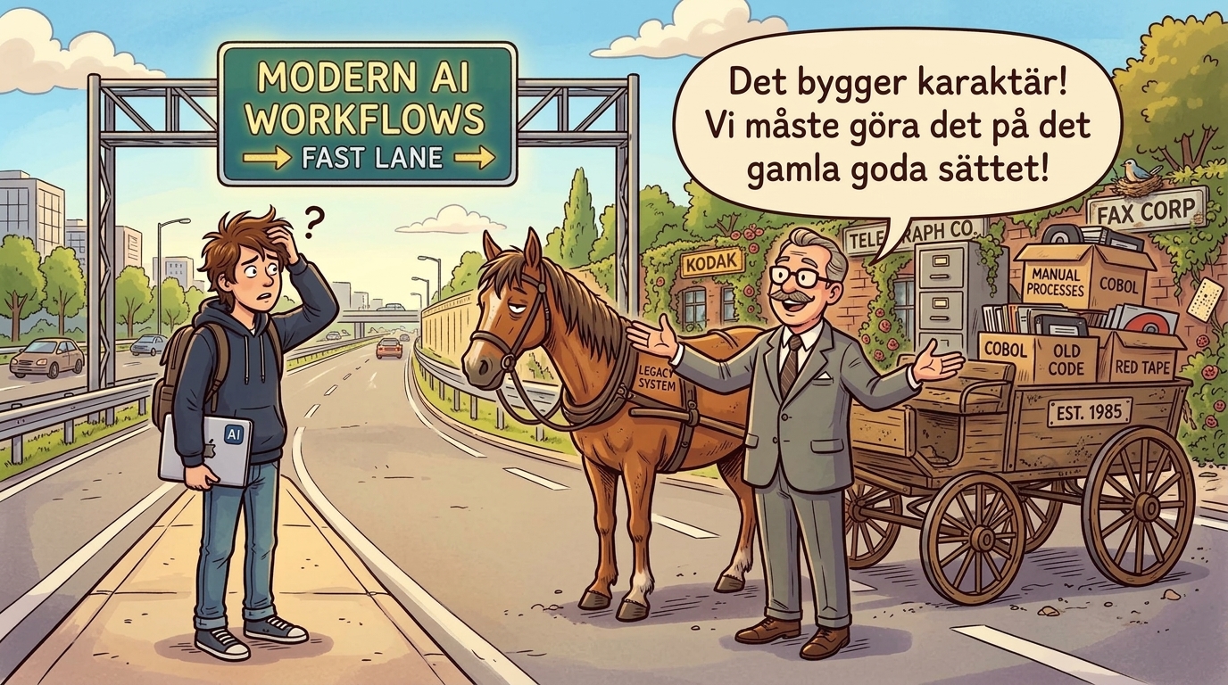 AI spaning v40: Modern AI Fast Lane mot häst och vagn från 1985 framför igenväxta kontor för Kodak, Telegraph Co och Fax Corp