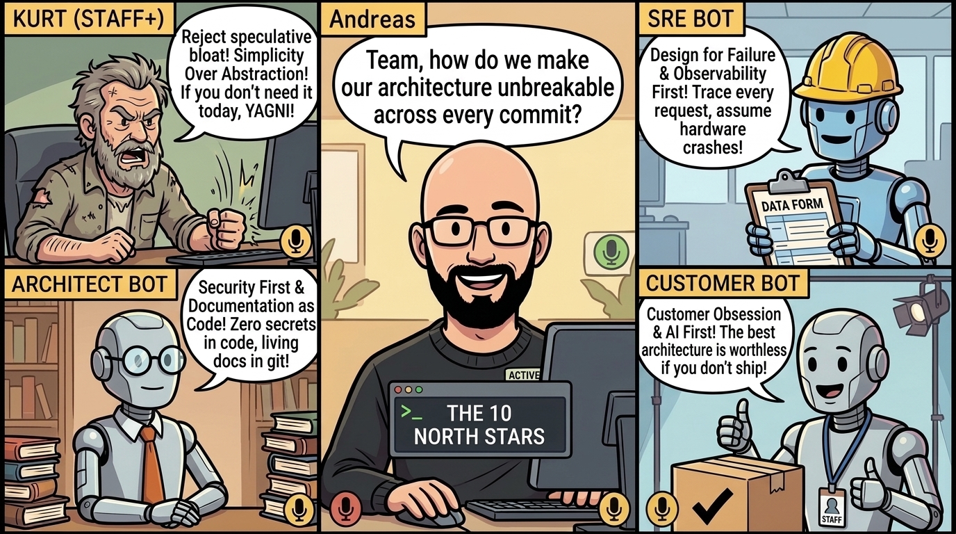 Comic strip: The AI Squad debating the 10 Engineering North Stars. Andreas at terminal with ‘THE 10 NORTH STARS’: “Team, how do we make our architecture unbreakable across every commit?”. Kurt (Staff+ Engineer): “Reject speculative bloat! Simplicity Over Abstraction! If you don’t need it today, YAGNI!”. SRE Bot: “Design for Failure & Observability First! Trace every request, assume hardware crashes!”. Architect Bot: “Security First & Documentation as Code! Zero secrets in code, living docs in git!”. Customer Bot: “Customer Obsession & AI First! The best architecture is worthless if you don’t ship!”