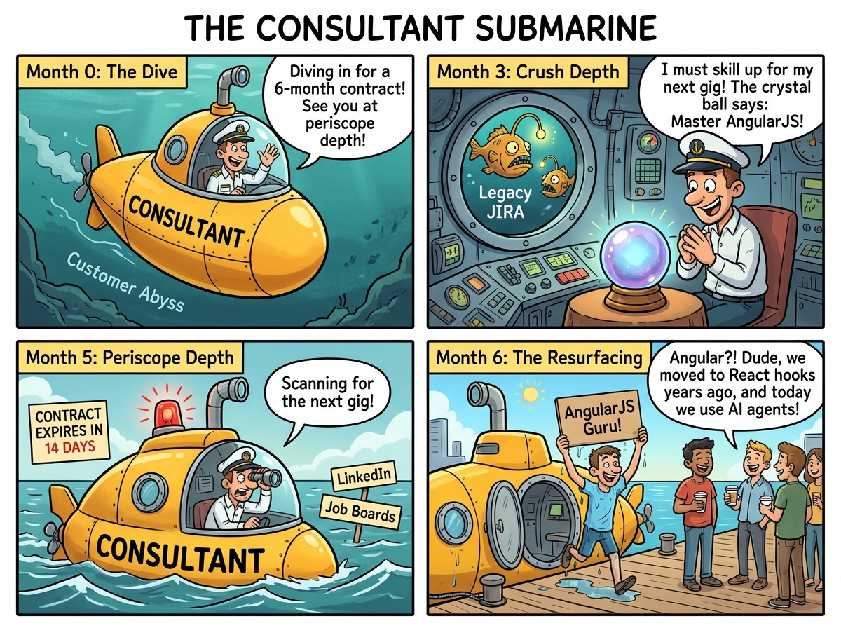 Comic strip: The Consultant Submarine. Panel 1 (Month 0: The Dive): A cheerful contractor boards a yellow submarine named ‘Consultant’, diving into murky ocean water labeled ‘Customer Abyss & Legacy Toolchain’. Contractor: ‘Diving in for a 6-month contract! See you at periscope depth!’. Panel 2 (Month 3: Crush Depth): Inside the cramped cabin surrounded by anglerfish labeled ‘Legacy Jira Tickets’, the developer consults a glowing crystal ball: ‘I must skill up for my next gig! The crystal ball says: Master AngularJS!’. Panel 3 (Month 5: Periscope Depth): Submarine ascends just below surface. Periscope crosshairs locked on LinkedIn with flashing alarm ‘CONTRACT EXPIRES IN 14 DAYS’. Panel 4 (Month 6: The Resurfacing): Contractor emerges soaking wet on a sunny dock holding an ‘AngularJS Guru’ sign, while modern developers with coffee on hoverboards laugh: ‘Angular?! Dude, everyone switched to React hooks, and today we write everything with AI agents!’