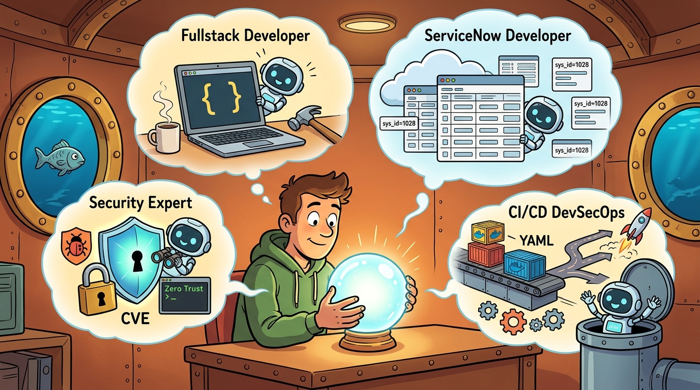 Cartoon: A developer in a hoodie gazing into a crystal ball envisioning four career paths (Fullstack Developer, ServiceNow SaaS “Everything is a Record”, Security Expert, and CI/CD DevSecOps), with a cheerful AI robot playing peek-a-boo behind every single option.