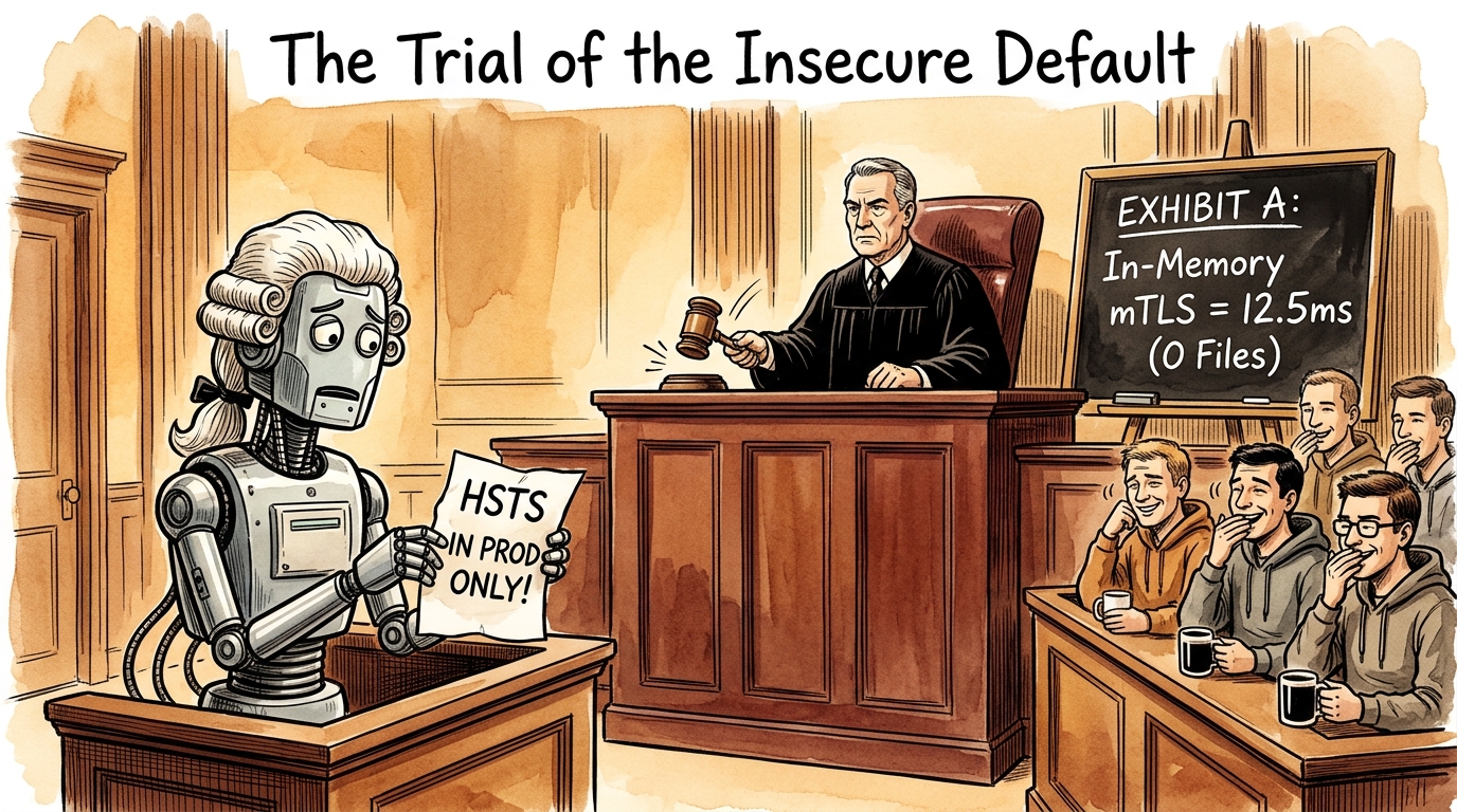 The Trial of the Insecure Default: A retro-futuristic AI robot assistant in a lopsided 18th-century powdered barrister wig stands sheepishly in the witness stand, holding a sign reading ‘HSTS IN PROD ONLY!’. Behind a tall mahogany bench, a stern human judge in black judicial robes bangs his gavel next to a chalkboard displaying ‘EXHIBIT A: In-Memory mTLS = 12.5ms (0 Files)’, while a jury of amused software engineers in hoodies drink coffee and shake their heads.