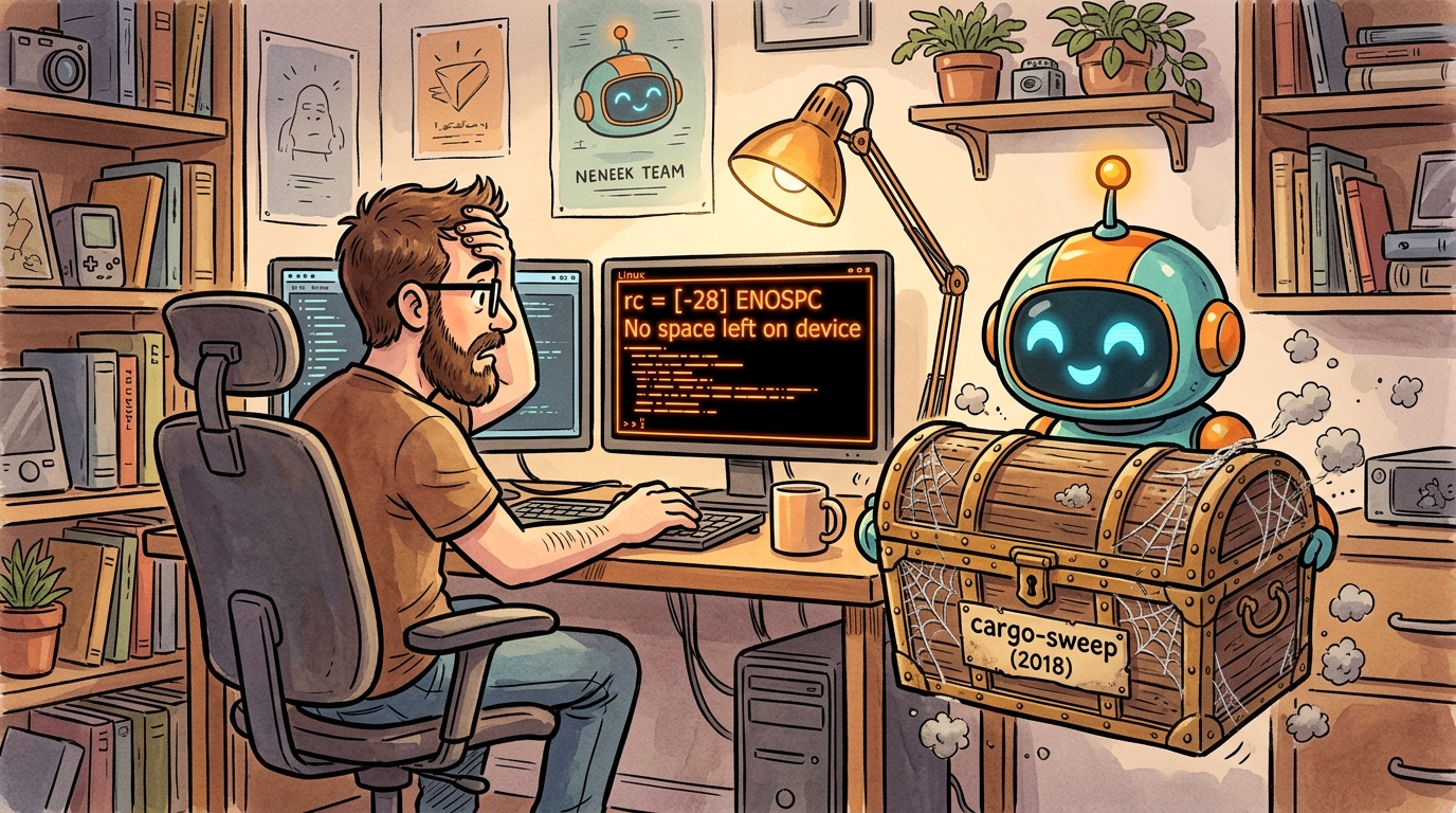 The Zombie Crate Incident: A cheerful AI robot assistant proudly presenting a dusty, cobwebbed antique chest labeled âcargo-sweep (2018)â while the terminal flashes out of disk space