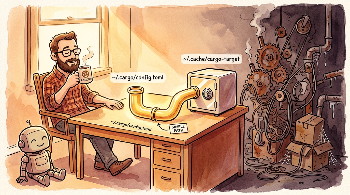 Simplicity Over Abstraction: Relaxing with coffee while a single golden pipe to ~/.cargo/config.toml replaces an over-complicated contraption of dead crates